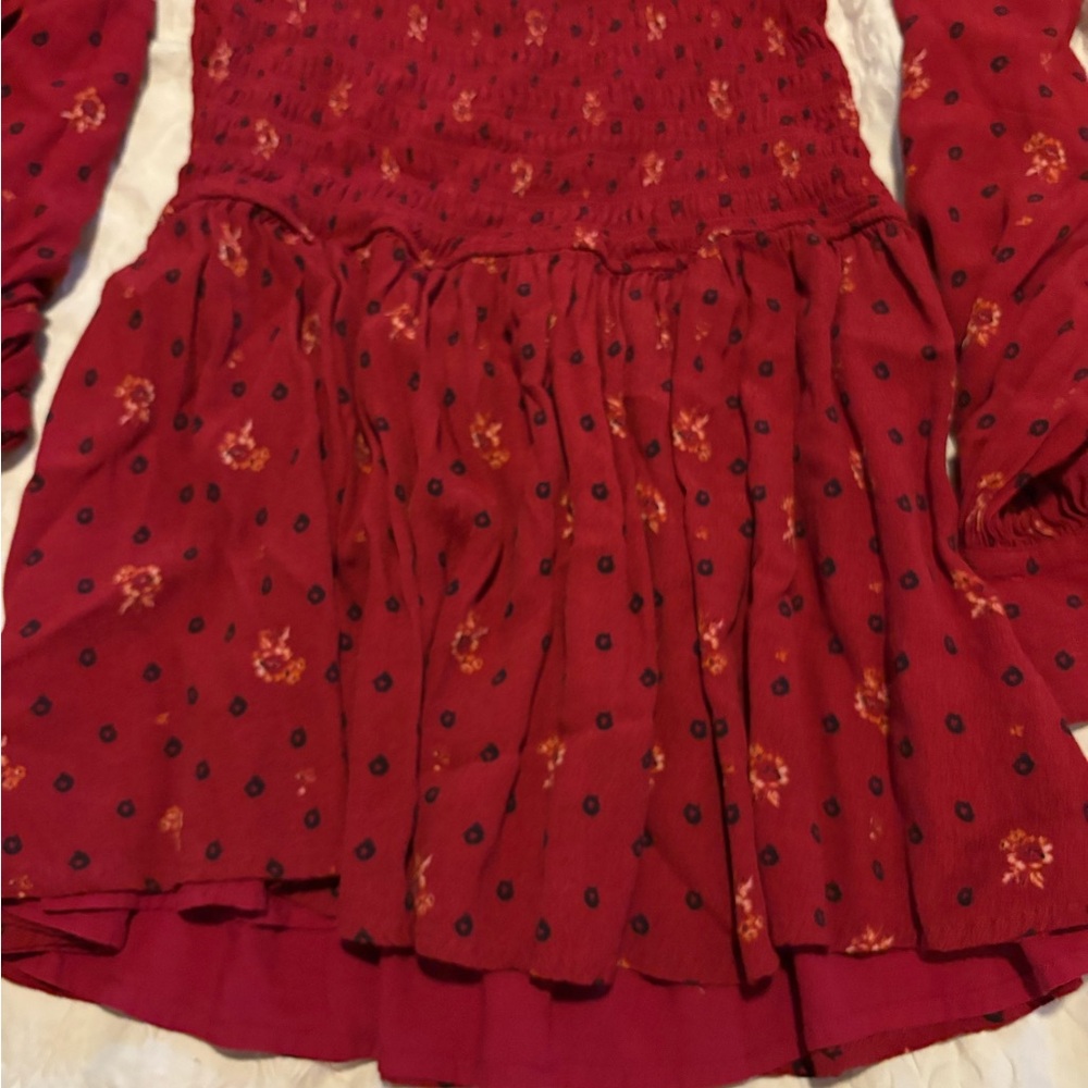 Free People Burgundy Red  Floral Smocked Long Sleeve Dress - Picture 7 of 9